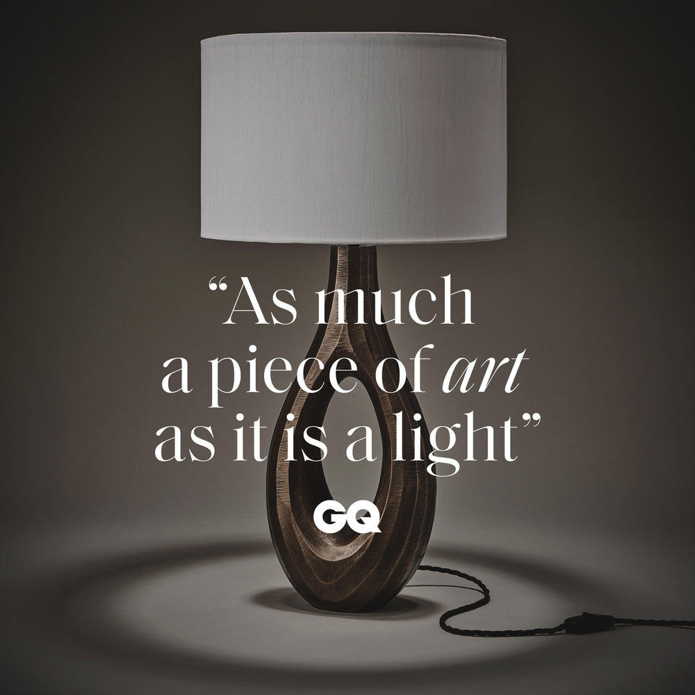 Industville - Ornate Ellipse Table Lamp - Brass Base - Drum Cotton Shade