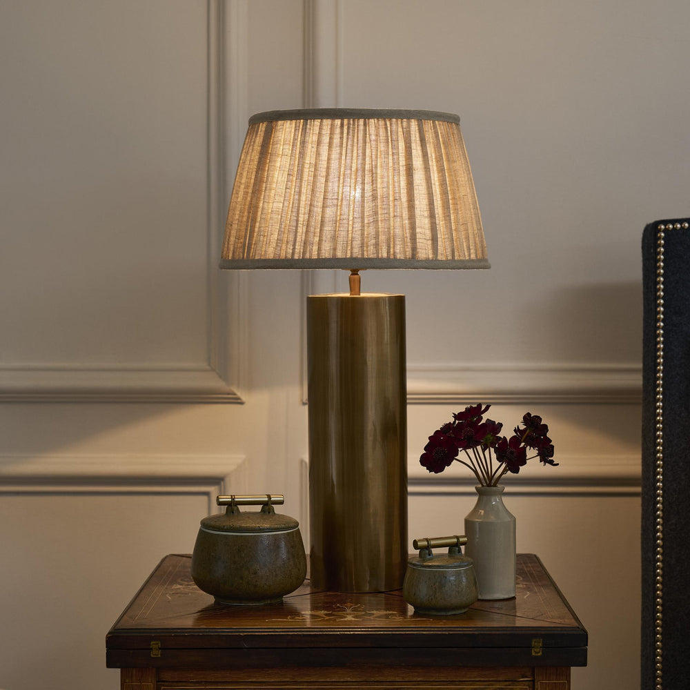 Industville - Pillar Geometric Cylinder Table Lamp - Brass Base - Pleated Empire Linen Shade