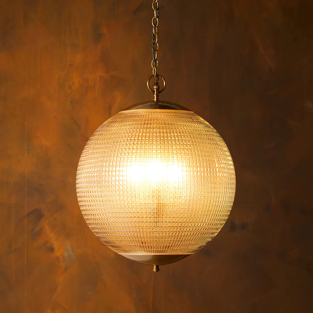 Pooky Regular Holophane Pendant Light with Clear Glass and Brass Fitting