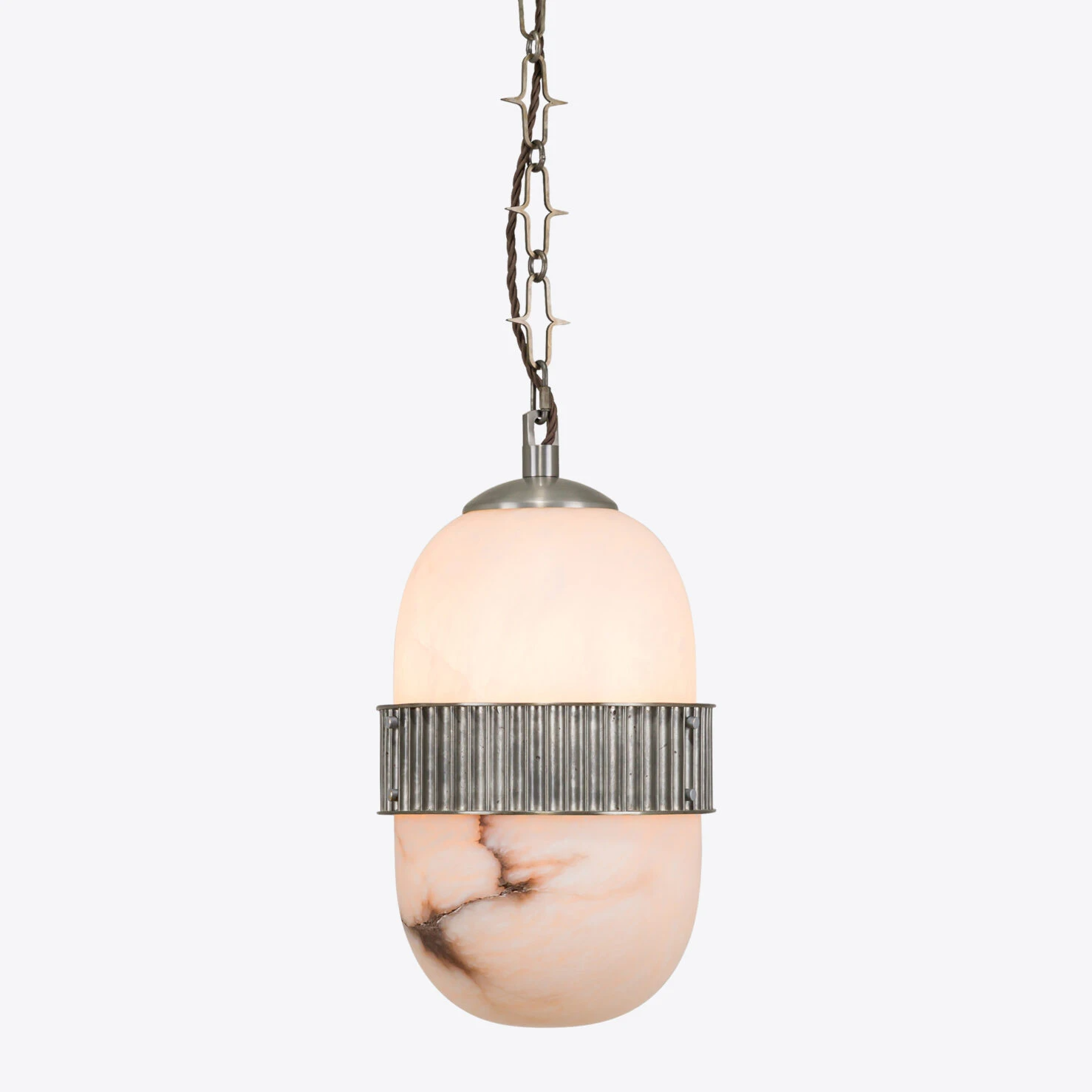 Pure White Lines - Amsterdam Large Alabaster Pendant Light - Dirty Silver