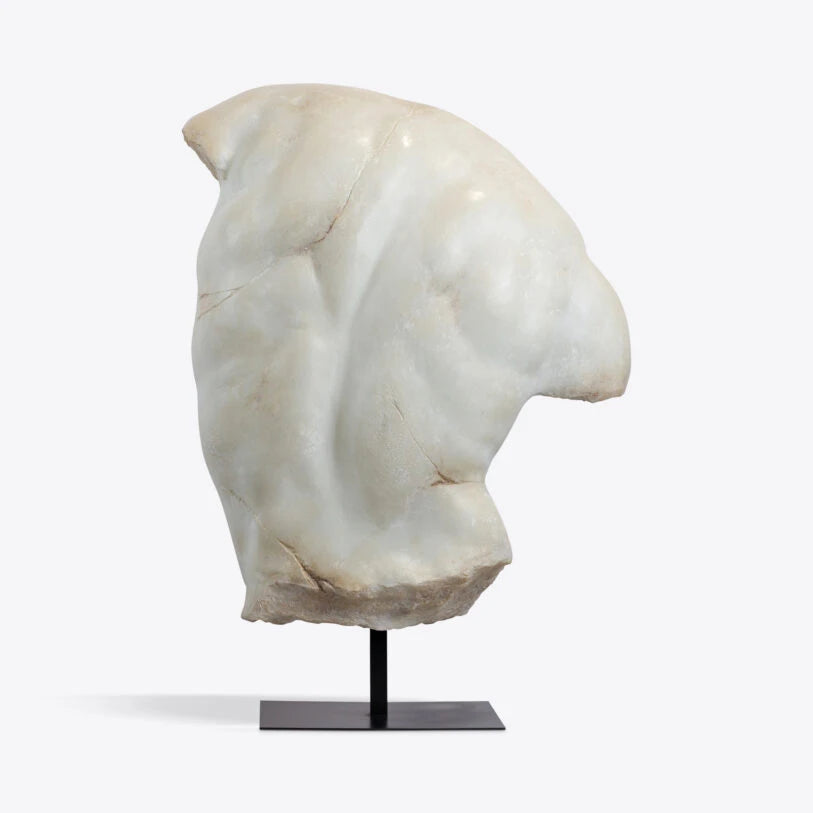 Pure White Lines Sirrus XL Male Torso in aged marble finish. Large resin sculptural statement piece on a black stand.