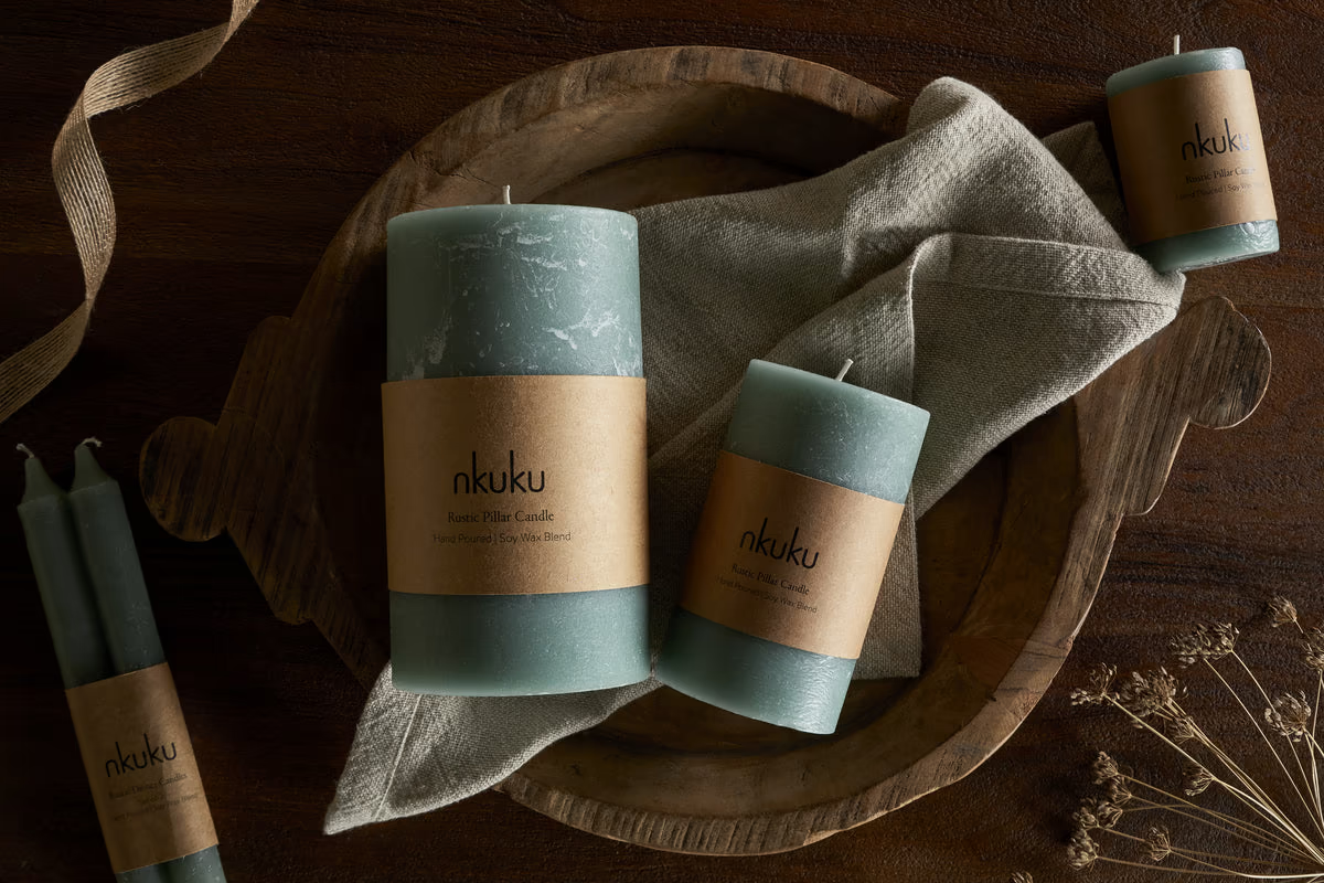 Nkuku - Rustic Soy Blend Pillar Candle - Sage Green - Small