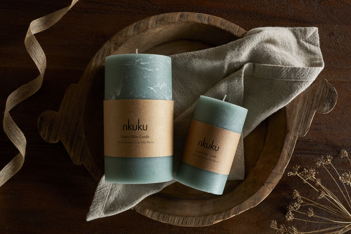 Nkuku - Rustic Soy Blend Pillar Candle - Sage Green - Large
