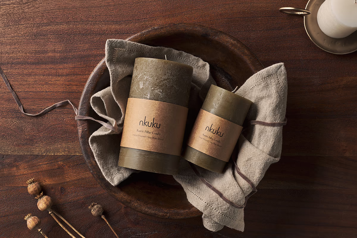 Nkuku - Rustic Soy Blend Pillar Candle - Olive Green - Small