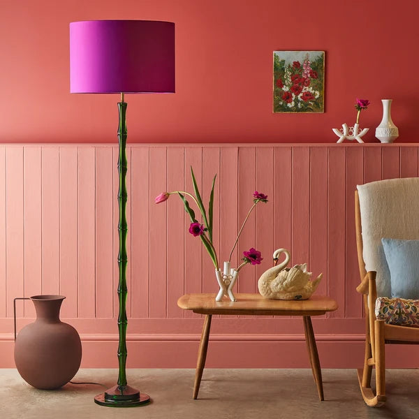 Pooky - Bamboo Floor Lamp Base - Green Polished Resin - Without Lampshade styled with a purple shade