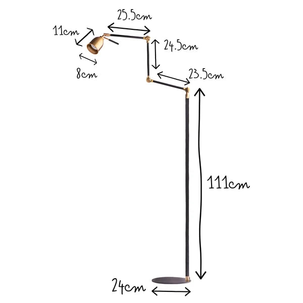 Dimensions diagram for Pooky - Pick Reading Lamp - Black And Antiqued Brass showing adjustable arms.