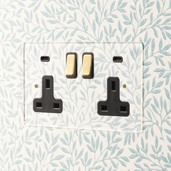 Pooky - Lucian Perspex Double Socket with USB Type C - Clear Perspex Black Inserts and Aged Brass Switch
