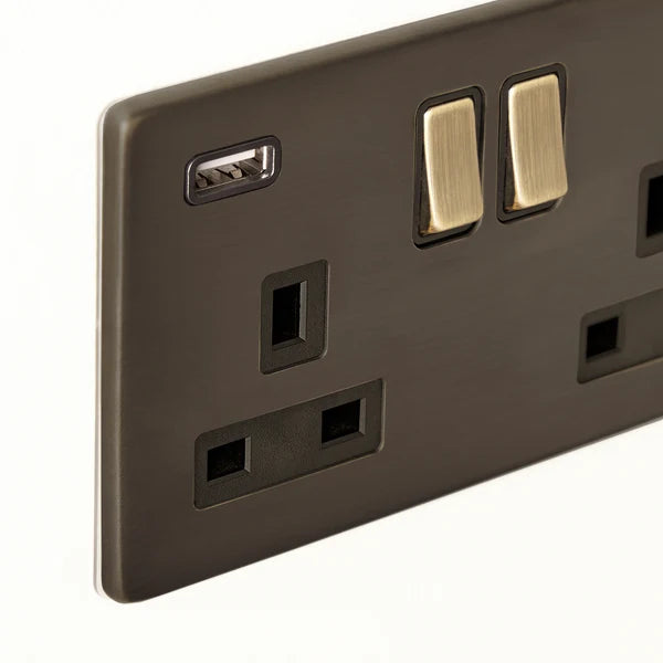 Pooky - Florence Two Gang Switched Socket and Dual USB Outlet - Bronze