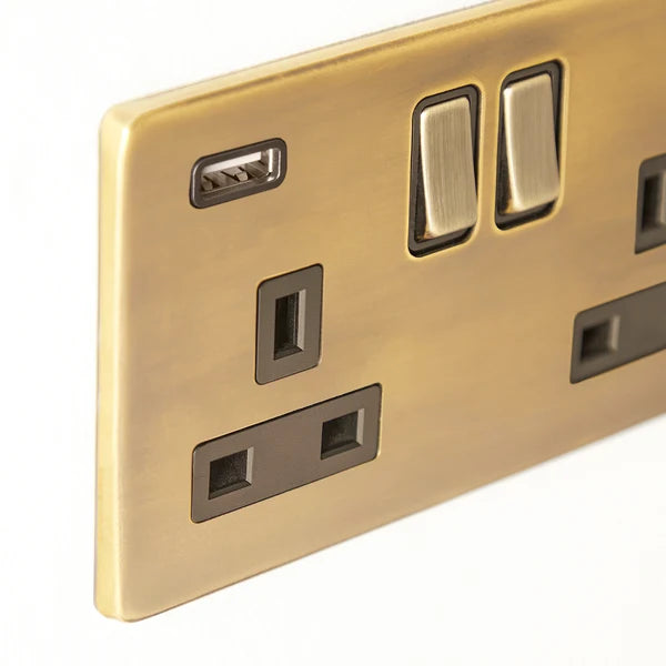 Pooky - Florence Two Gang Switched Socket and Dual USB Outlet - Brass