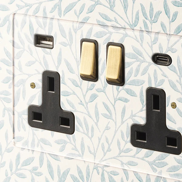 Pooky - Lucian Perspex Double Socket With USB Type A & C Black Inserts And Aged Brass Switch - Clear Perspex