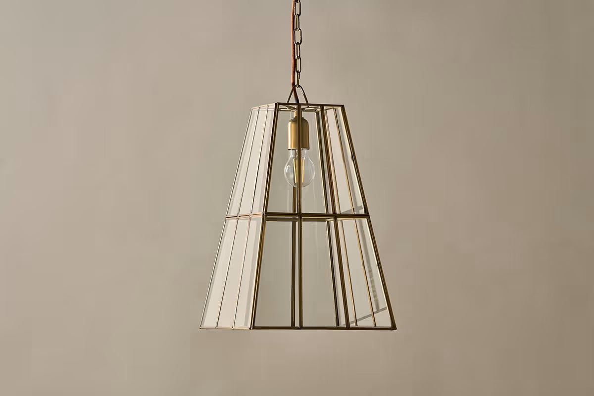 Nkuku Solan Glass Lantern Pendant - Clear & Antique Brass