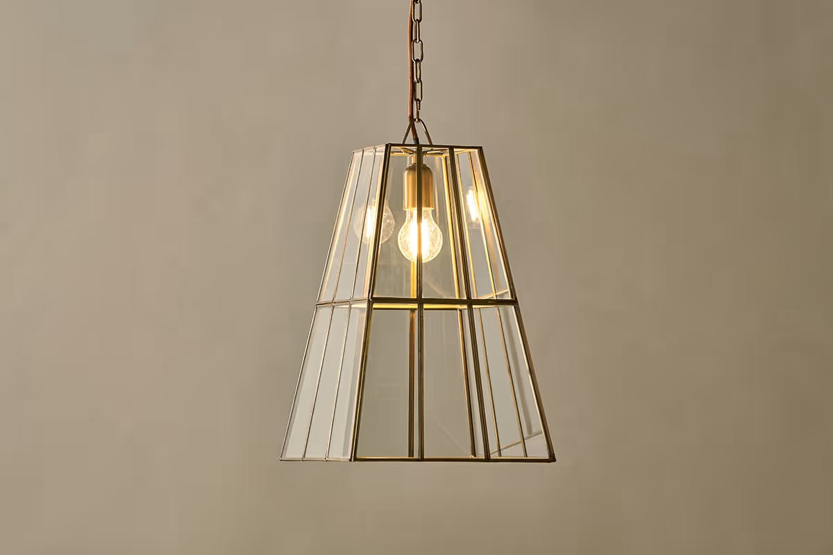 Nkuku Solan Glass Lantern Pendant - Clear & Antique Brass