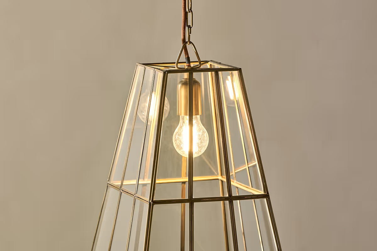 Nkuku Solan Glass Lantern Pendant - Clear & Antique Brass