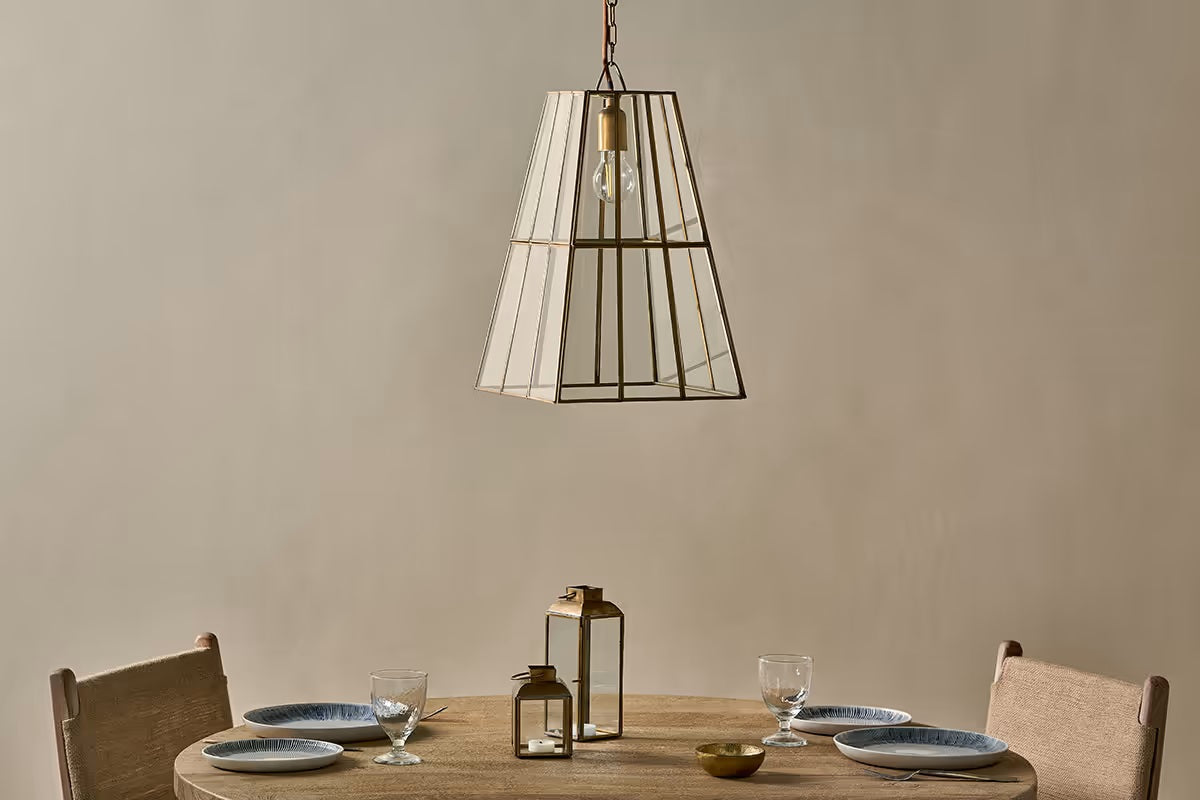 Nkuku Solan Glass Lantern Pendant - Clear & Antique Brass