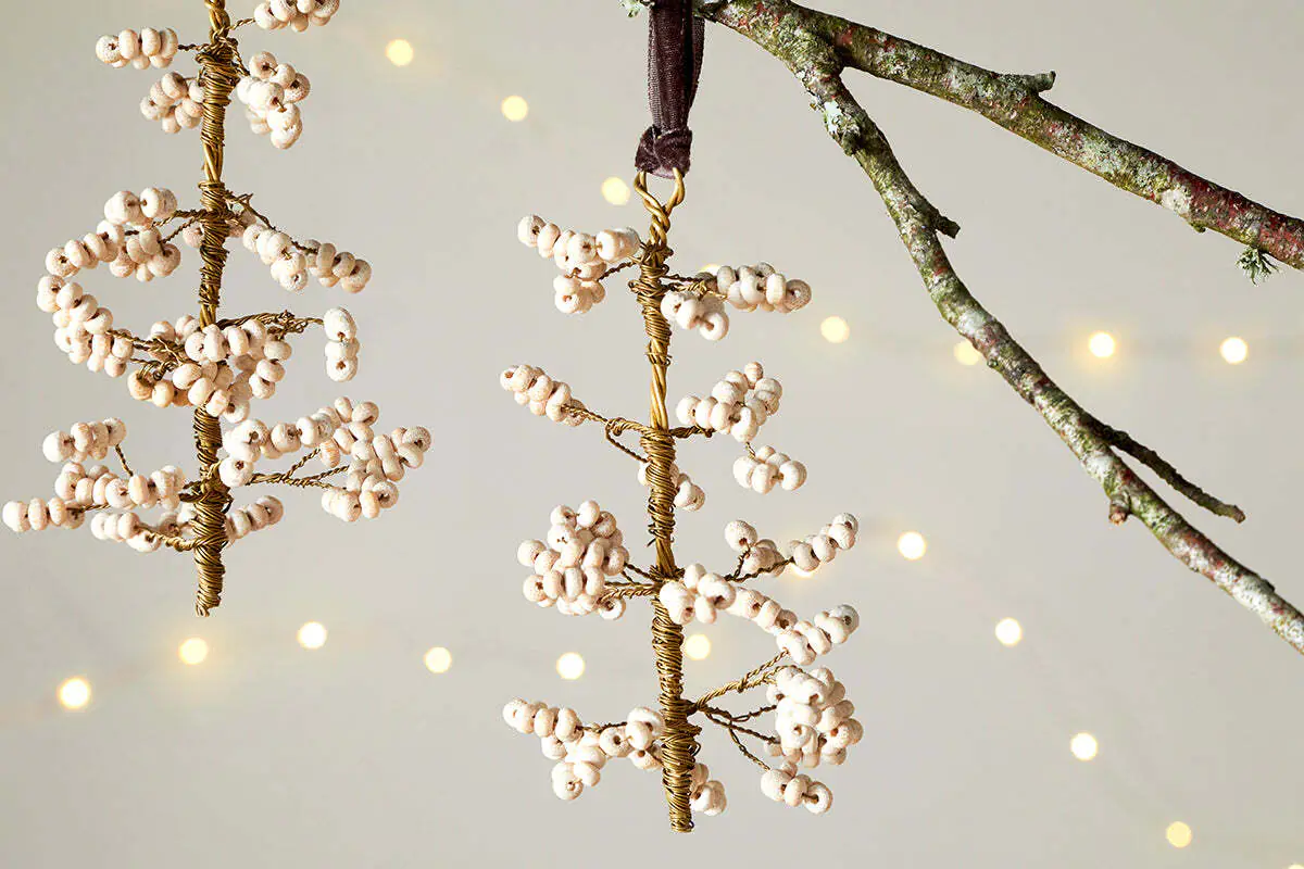 Nkuku - Tanu Mango Wood Beaded Baubles - Brass & Natural (Set of 3)