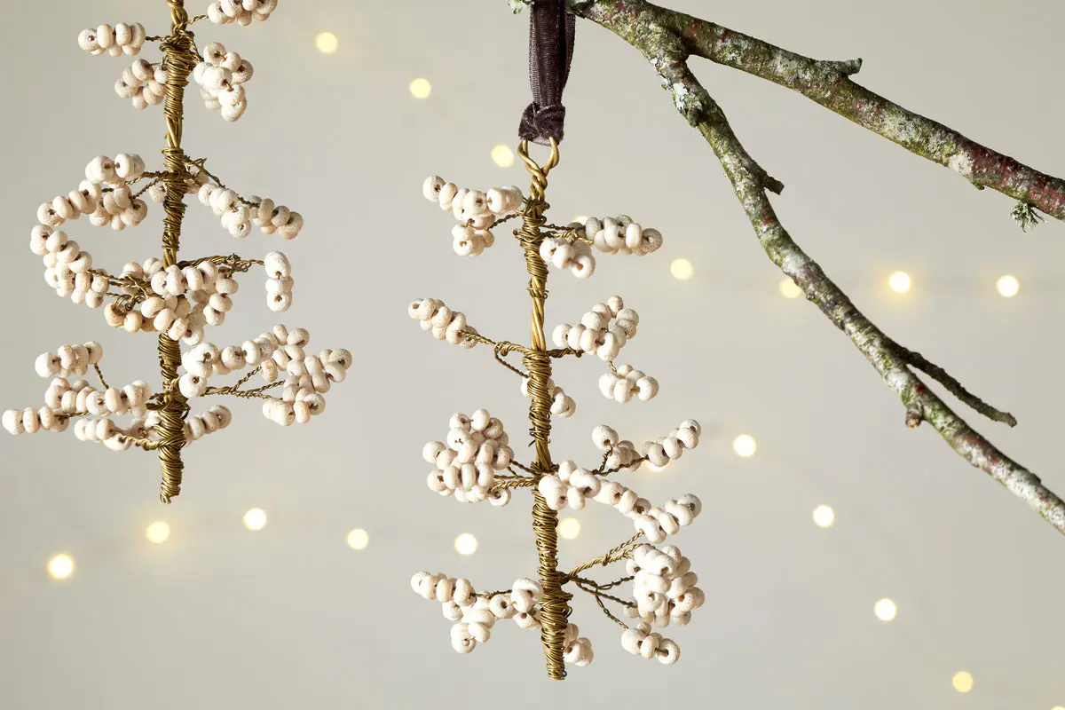 Nkuku - Tanu Mango Wood Beaded Baubles - Brass & Natural (Set of 3)