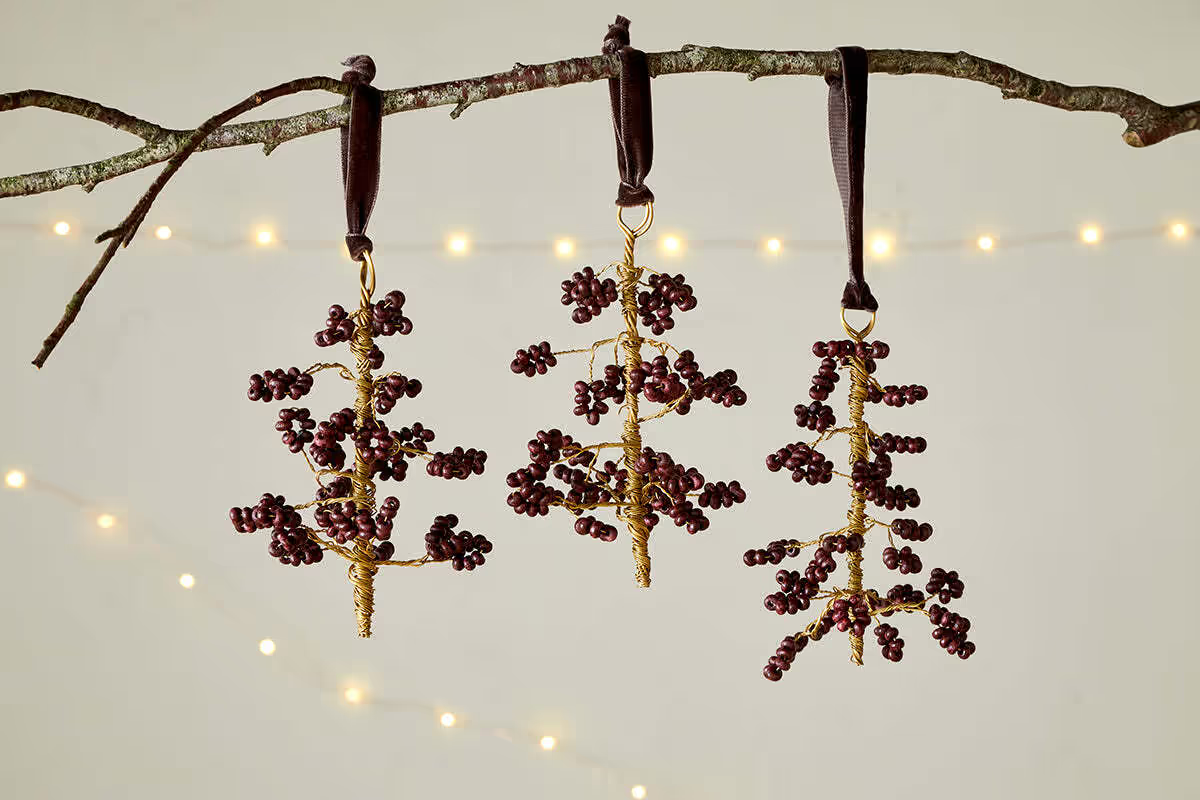 Nkuku - Tanu Mango Wood Beaded Baubles - Brass & Ruby (Set of 3)