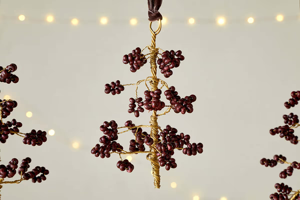 Nkuku - Tanu Mango Wood Beaded Baubles - Brass & Ruby (Set of 3)