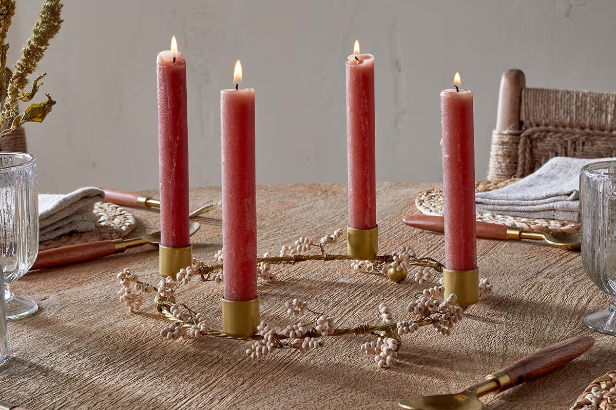 Nkuku - Tanu Mango Wood Beaded Candle Holder - Brass & Natural