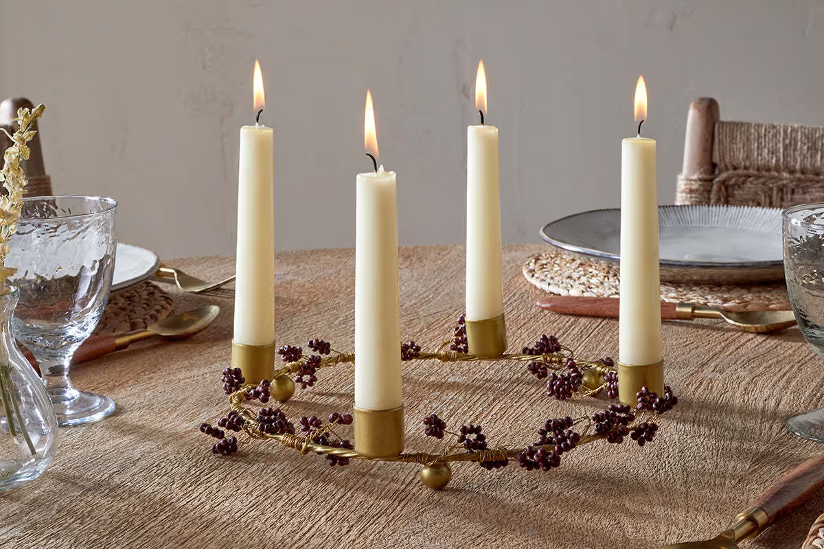 Nkuku - Tanu Mango Wood Beaded Candle Holder - Brass & Ruby
