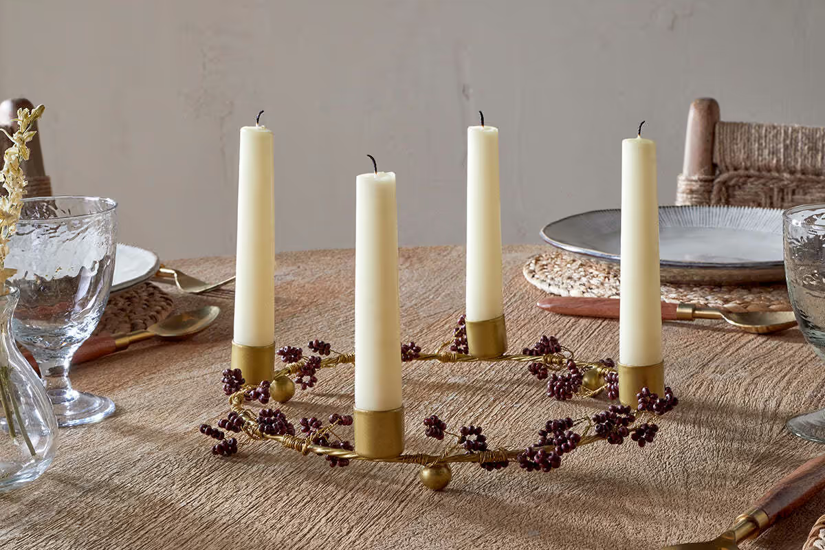 Nkuku - Tanu Mango Wood Beaded Candle Holder - Brass & Ruby