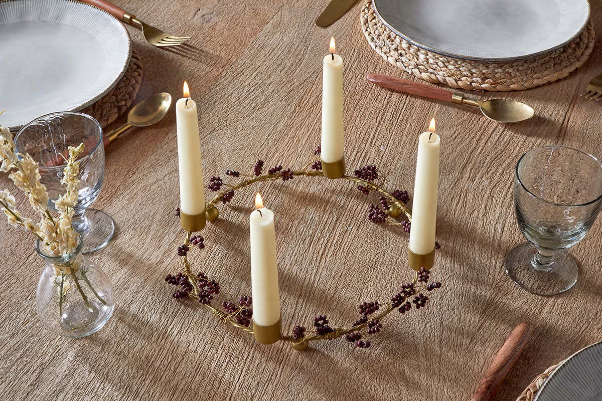 Nkuku - Tanu Mango Wood Beaded Candle Holder - Brass & Ruby