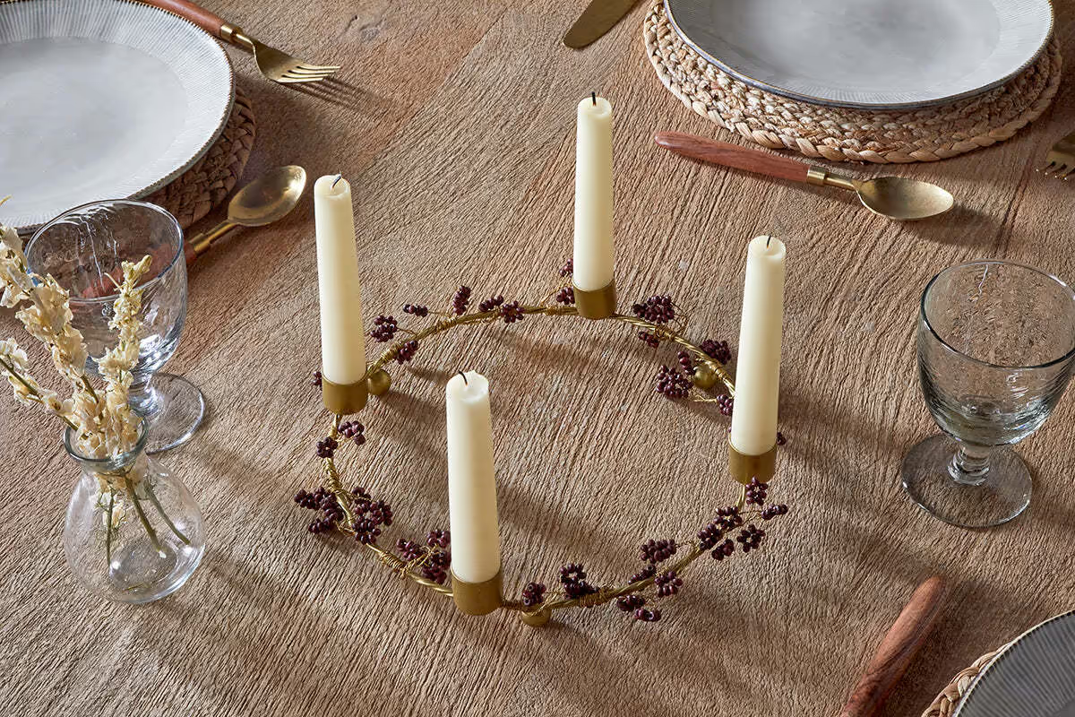 Nkuku - Tanu Mango Wood Beaded Candle Holder - Brass & Ruby