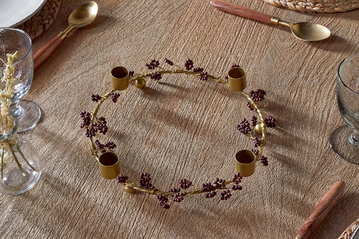 Nkuku - Tanu Mango Wood Beaded Candle Holder - Brass & Ruby