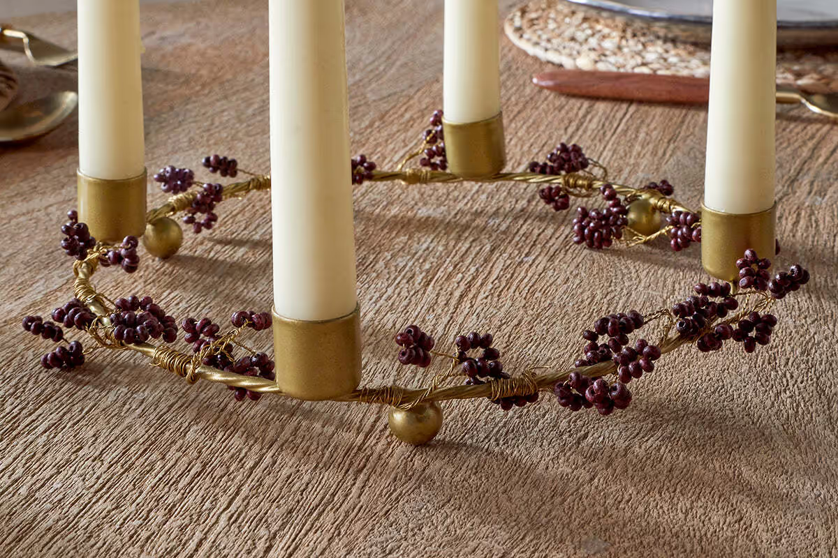 Nkuku - Tanu Mango Wood Beaded Candle Holder - Brass & Ruby