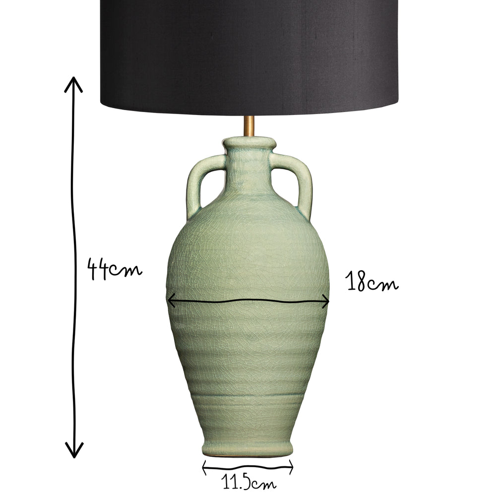 Dimensions guide for Pooky - Ampulla Table Lamp Base - Dark Celadon, showing 44cm height and 18cm width.