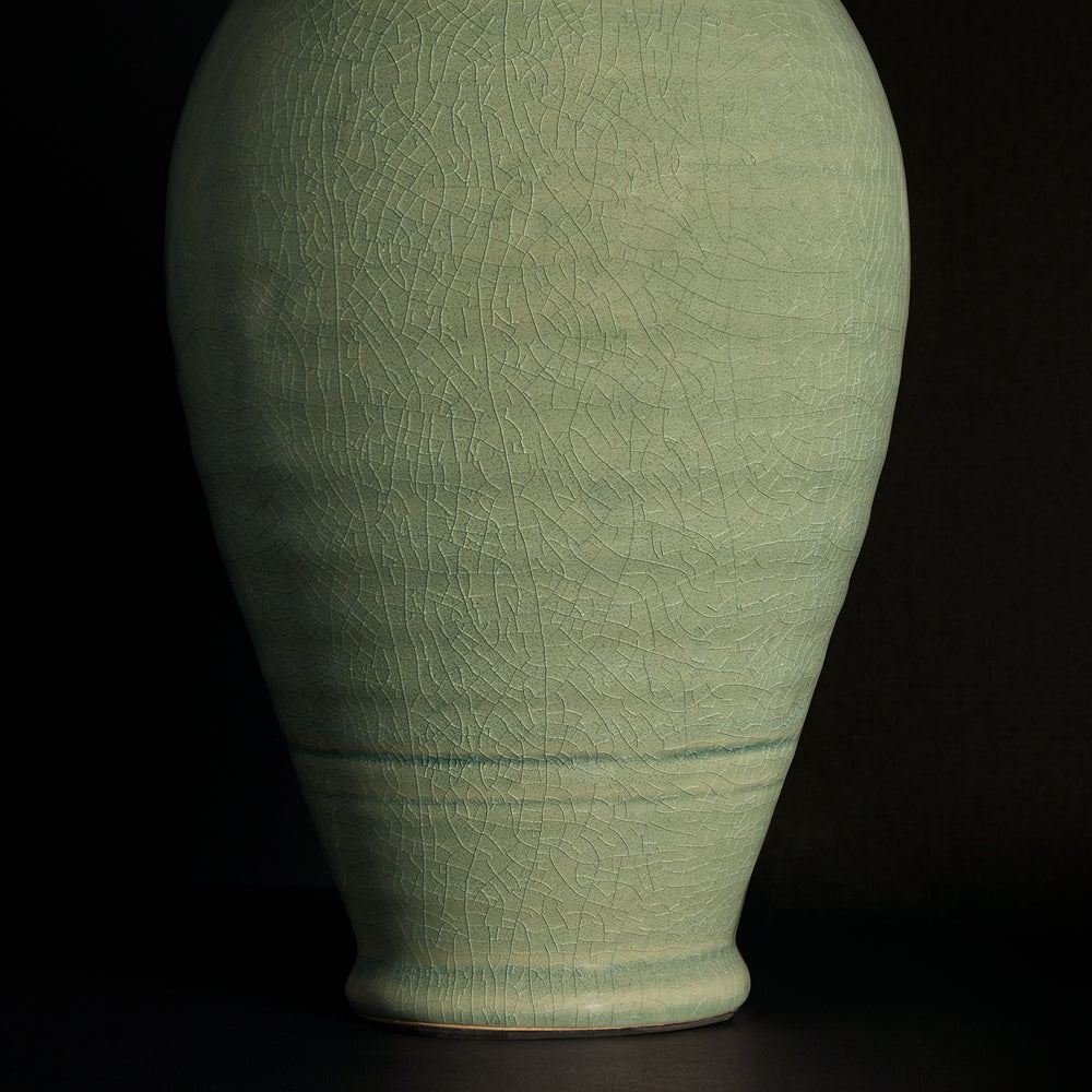 Close up of crackled glaze on the Pooky - Ampulla Table Lamp Base - Dark Celadon