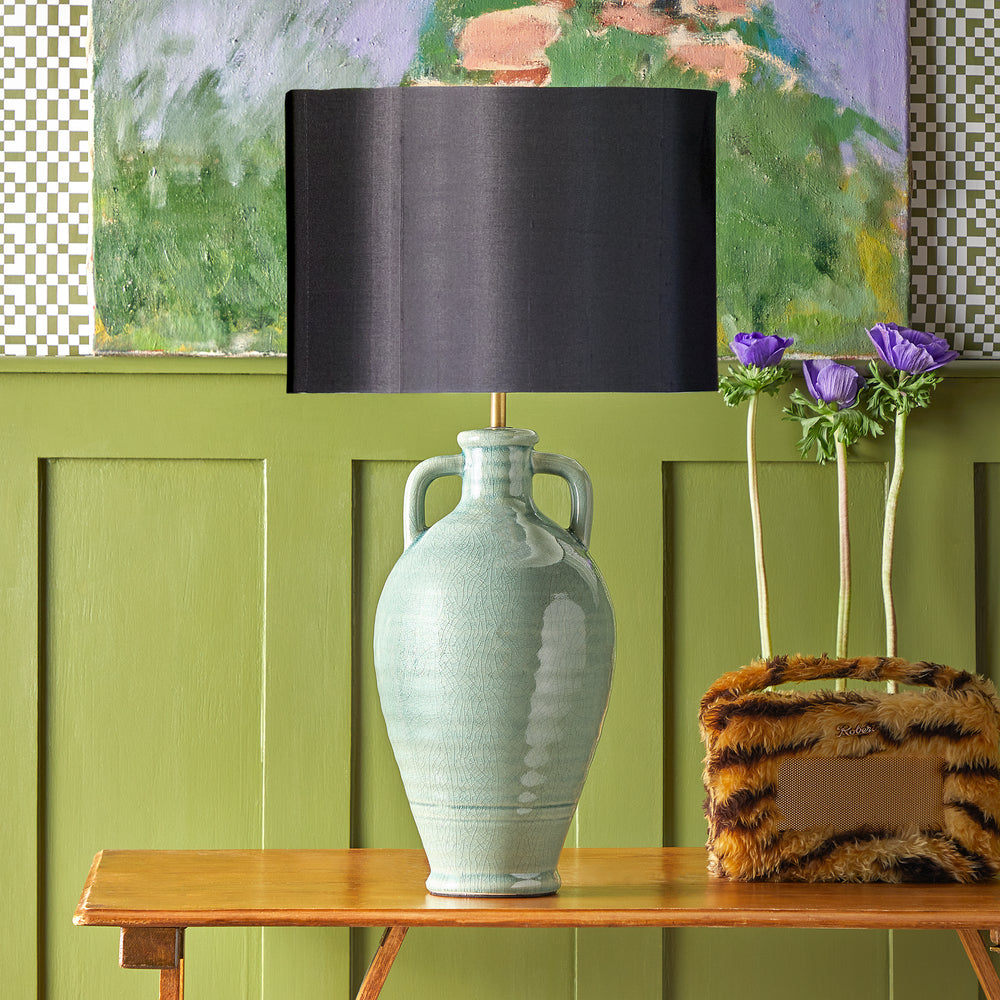 Pooky - Ampulla Table Lamp Base - Dark Celadon featuring a crackled glaze and black shade.