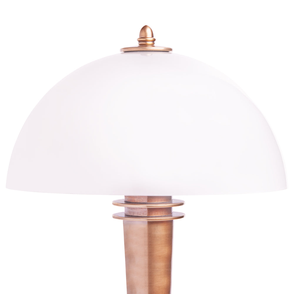 Close up of the Art Deco Pooky - Pietro Table Lamp - Brass and Glass with white dome shade.