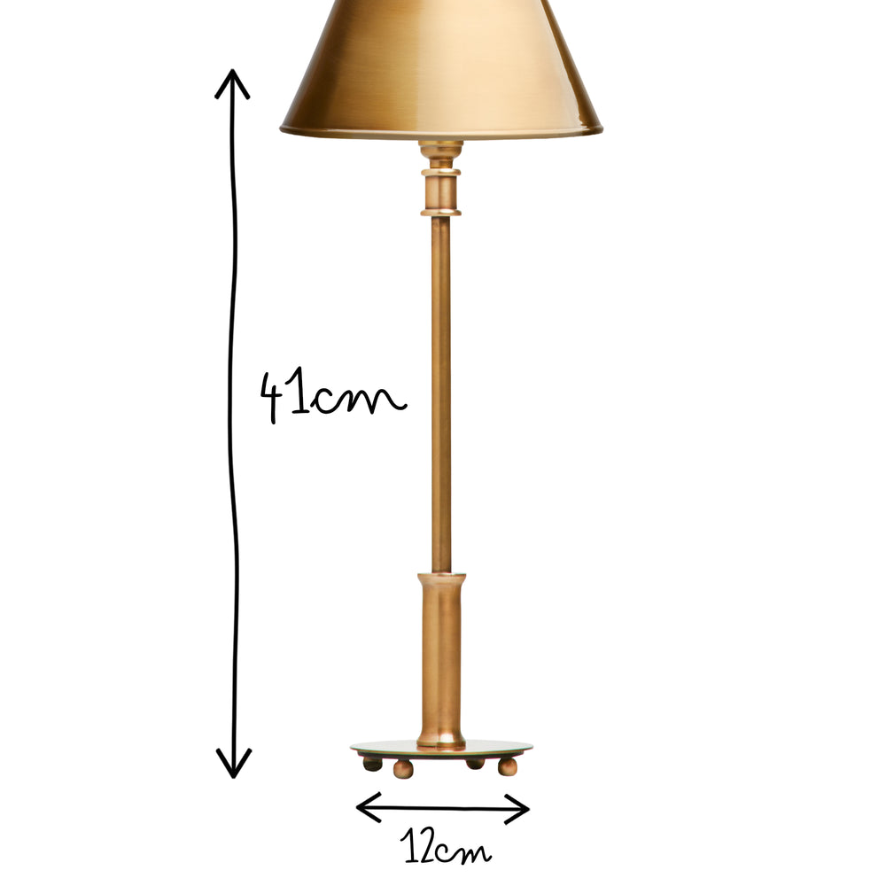 Pooky - Regular Pod Table Lamp Base - Antique Brass showing 41cm height and 12cm width.