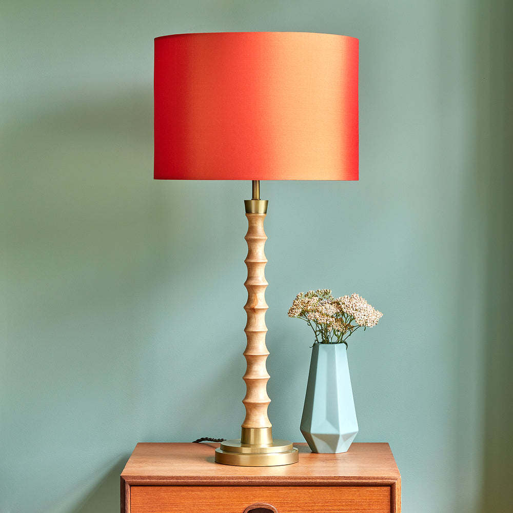 Pooky - Tinto Table Lamp Base - Natural Wood and Antique Brass with an orange shade