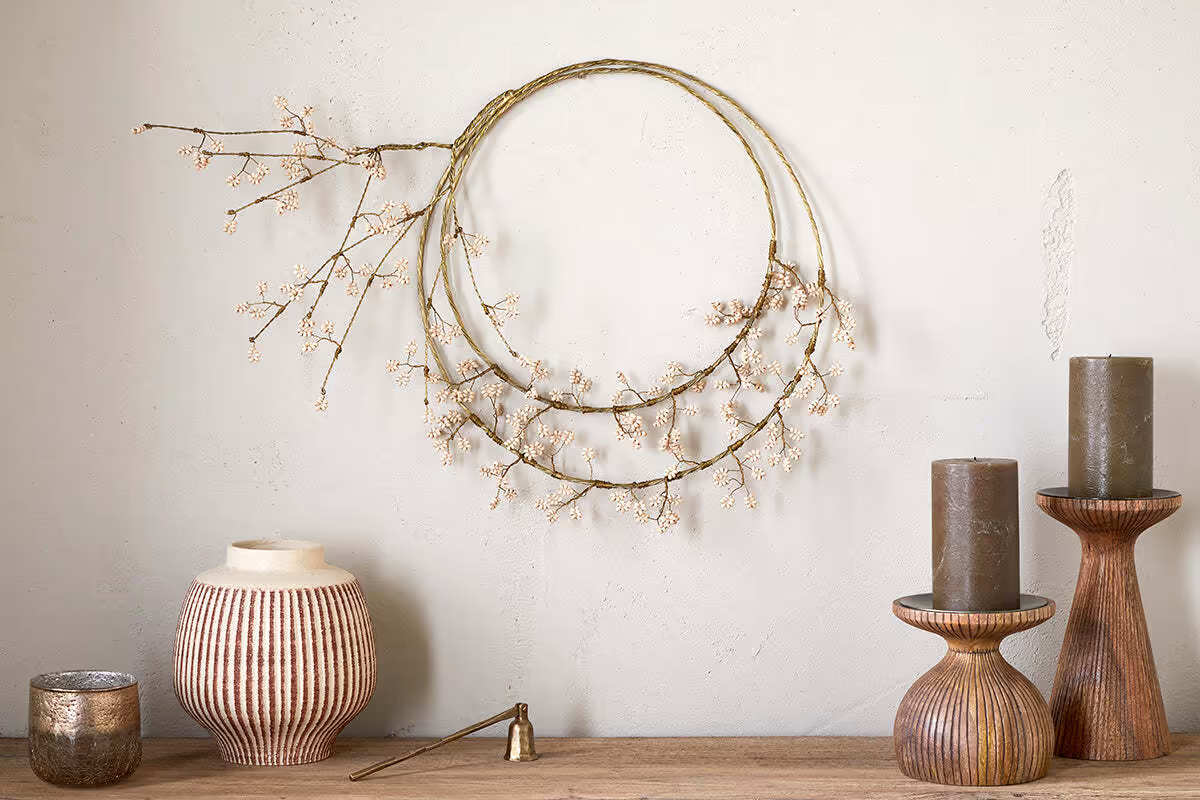 Nkuku - Tanu Layered Mango Wood Beaded Wreath - Brass & Natural