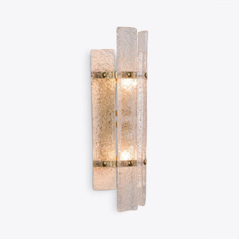Pure White Lines Tahli wall light with Art Deco crackled glass panels and brass fittings.