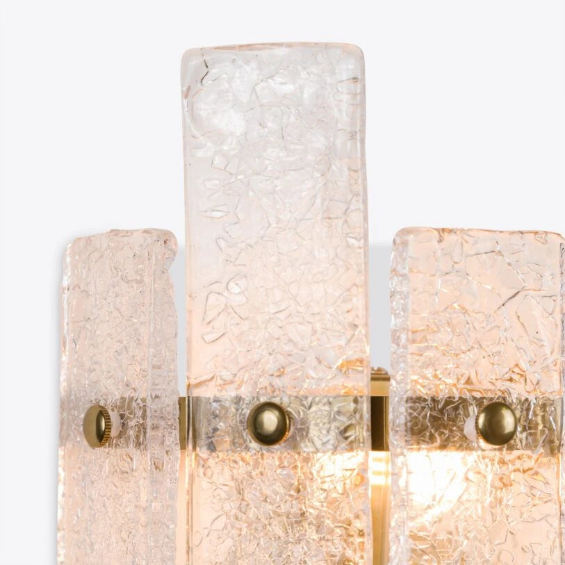 Pure White Lines Tahli wall light with crackled glass panels and minimal brass fittings.