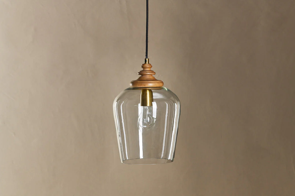 Nkuku Varuna Mango Wood & Glass Pendant Lamp - Natural & Clear