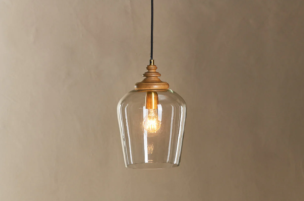 Nkuku Varuna Mango Wood & Glass Pendant Lamp - Natural & Clear