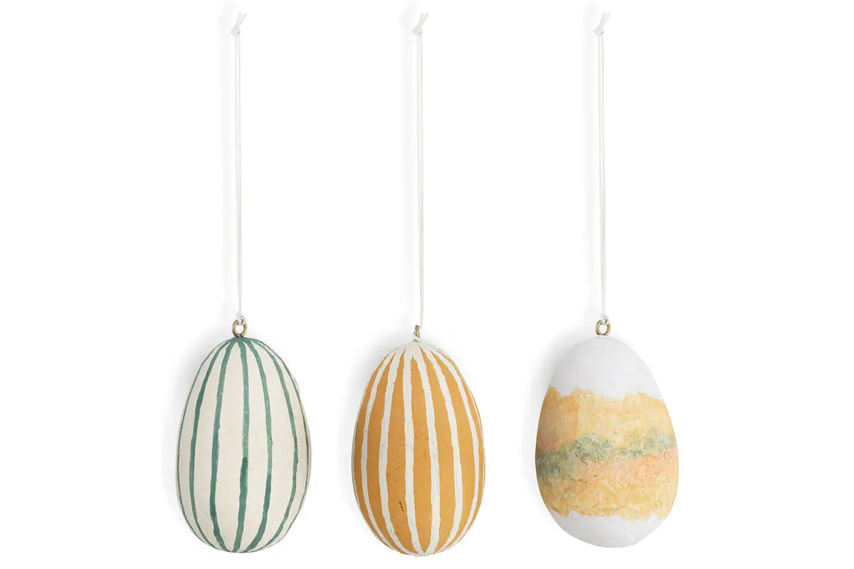 Nkuku - Terra Hand Painted Recycled Cotton Paper Hanging Egg - Teal, Cream & Ochre - Set of 3