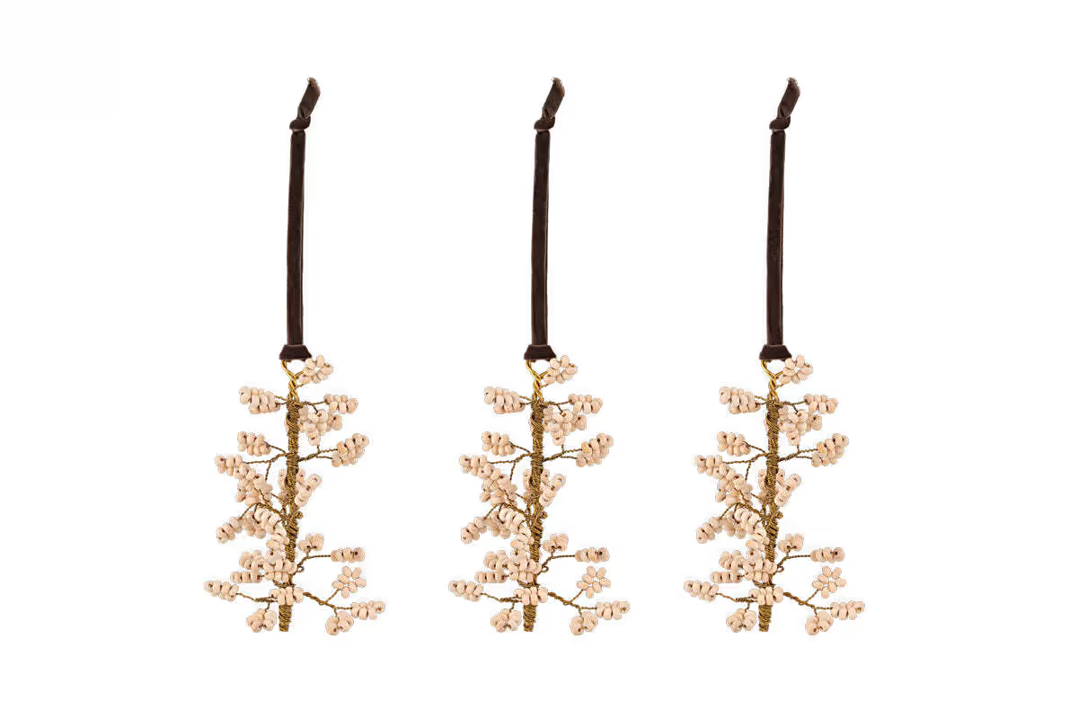 Nkuku - Tanu Mango Wood Beaded Baubles - Brass & Natural (Set of 3)