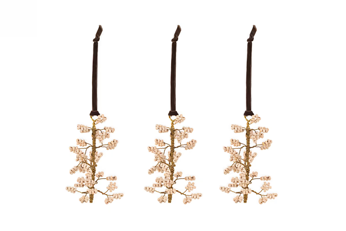 Nkuku - Tanu Mango Wood Beaded Baubles - Brass & Natural (Set of 3)