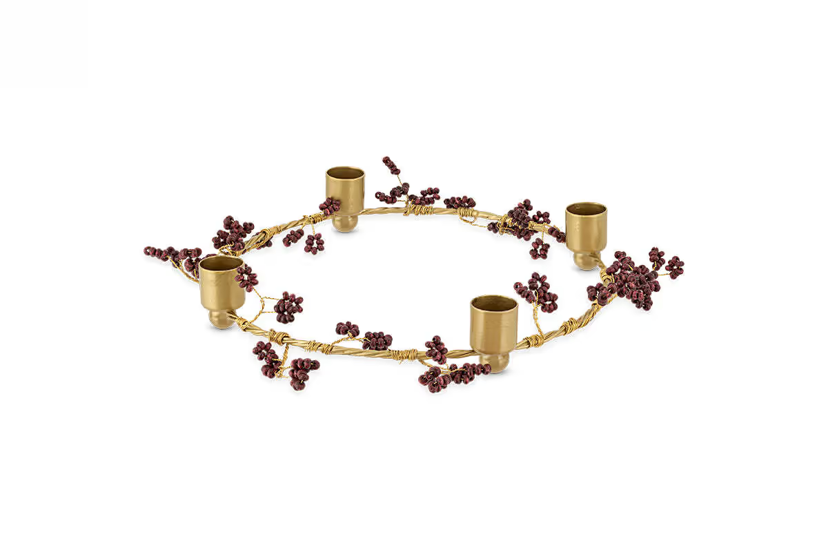 Nkuku - Tanu Mango Wood Beaded Candle Holder - Brass & Ruby