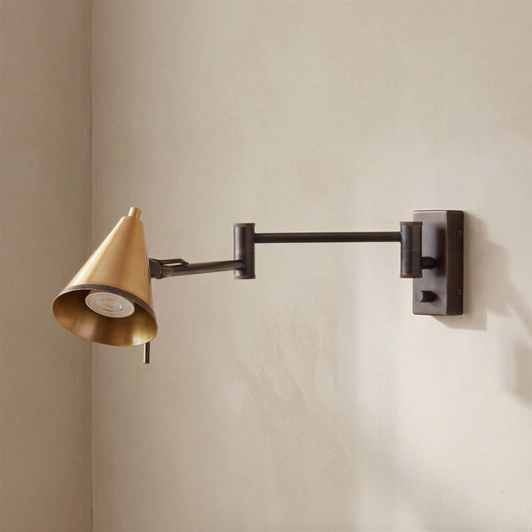 Pooky - Conrad Articulated Wall Light in Bronze with Brass Hood - Bronze and Brass