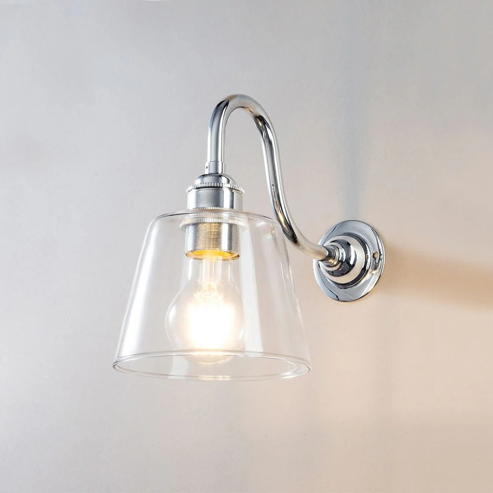 Old School Electric Glass Swan Arm Wall Light - Tapered - Chrome
