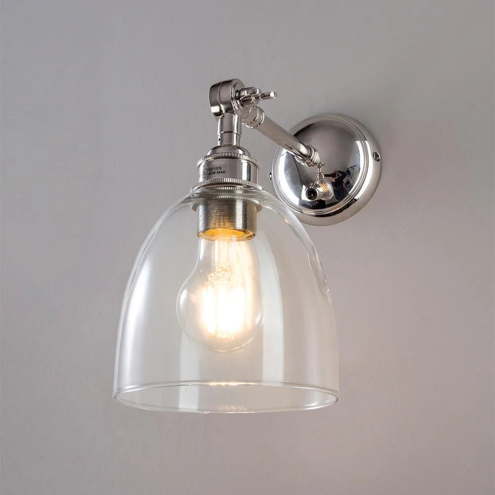 Old School Electric Glass Adjustable Arm Wall Light - Bell - Polished Nickel - Switched