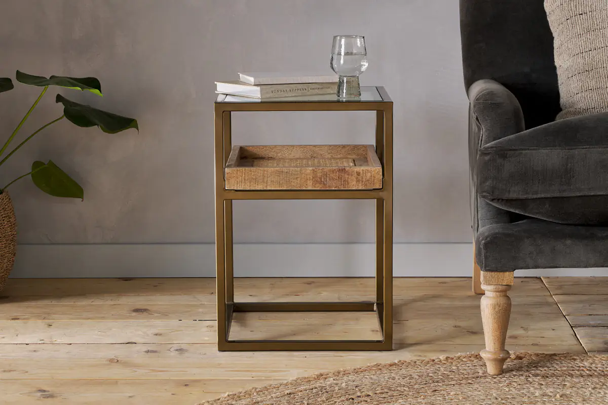 Nkuku - Luzon Iron & Mango Wood Display Side Table - Brass
