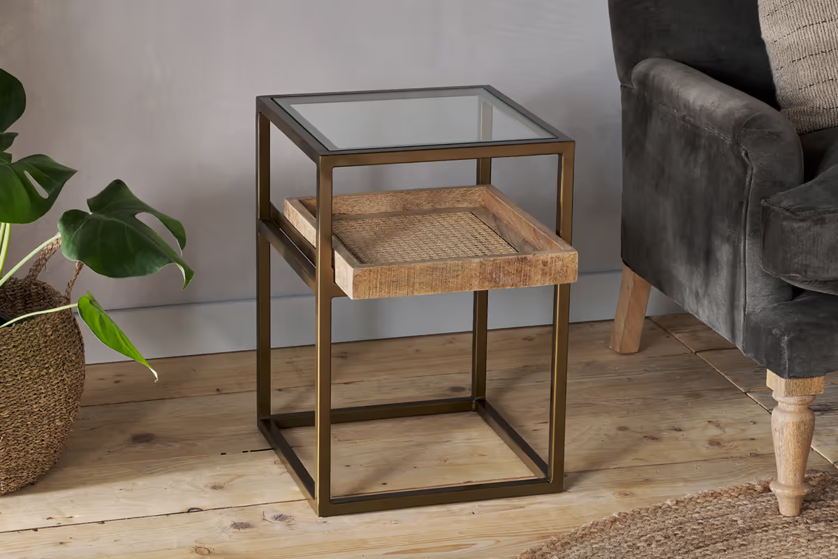 Nkuku - Luzon Iron & Mango Wood Display Side Table - Brass