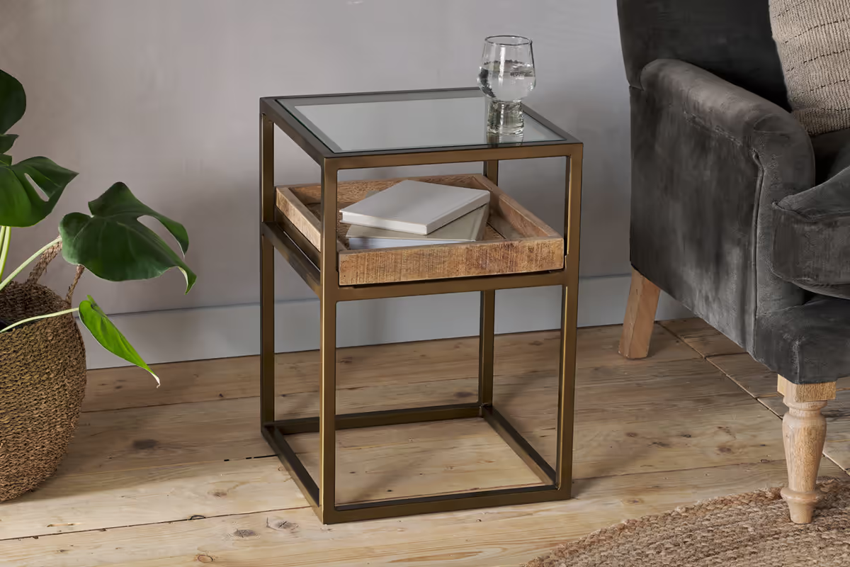 Nkuku - Luzon Iron & Mango Wood Display Side Table - Brass